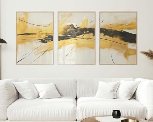 ⁦סט 3 תמונות של פיצוץ בזהב ושחור לסלון בסגנון אבסטרקט⁩ – תמונה ⁦2⁩