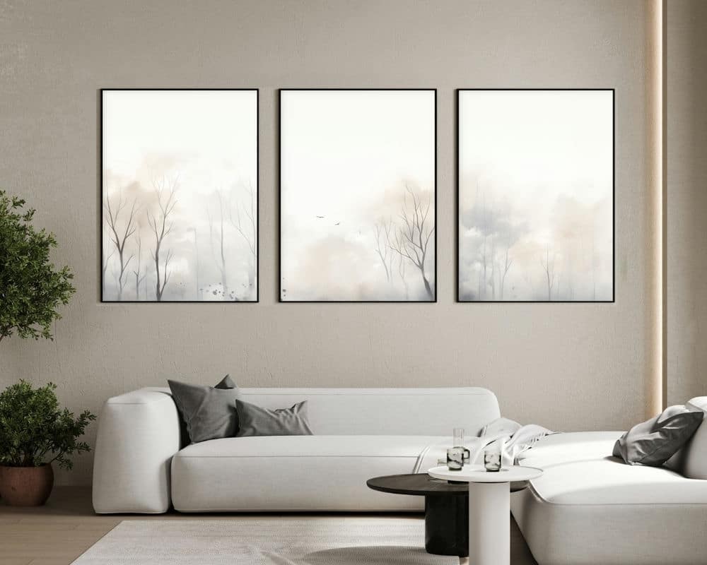 סט 3 תמונות של יער בלבן לסלון בסגנון מינימליסטי