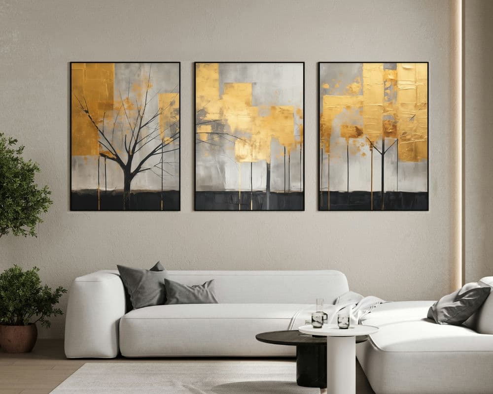 סט 3 תמונות של עצים בזהב לסלון בסגנון אבסטרקט