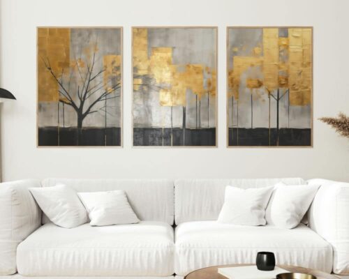 ⁦סט 3 תמונות של עצים בזהב לסלון בסגנון אבסטרקט⁩ – תמונה ⁦2⁩