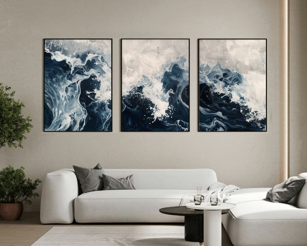סט 3 תמונות של גלי אוקיינוס סוערים לסלון בסגנון מודרני