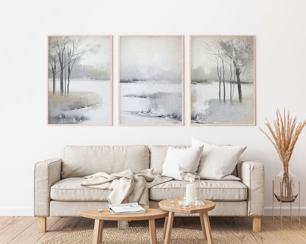 2643mo0V2 סט 3 תמונות לסלון בסגנון וינטג' יער ואגם חורפי – תמונה 1