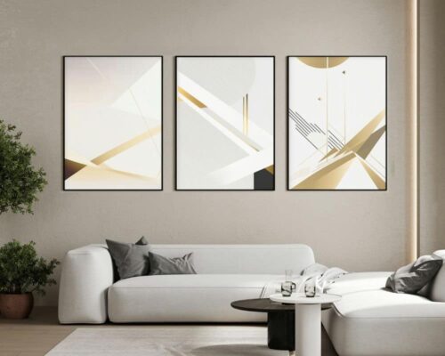 סט 3 תמונות של קווים בזהב לסלון בסגנון מינימליסטי