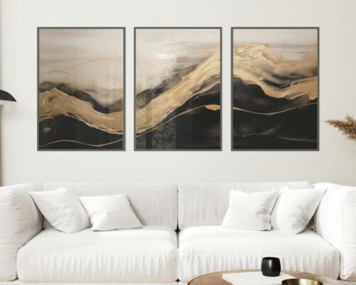 ⁦סט 3 תמונות לסלון זהב בין שחור ולבן בסגנון מינימליסטי⁩ – תמונה ⁦2⁩