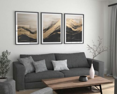 ⁦סט 3 תמונות לסלון זהב בין שחור ולבן בסגנון מינימליסטי⁩ – תמונה ⁦3⁩