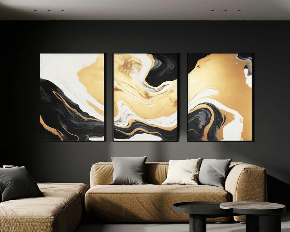 סט 3 תמונות לסלון צבע נוזל בזהב ושחור בסגנון מינימליסטי