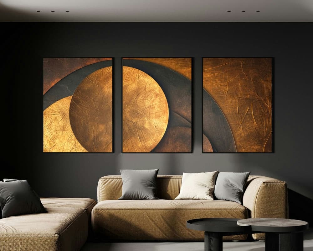 סט 3 תמונות לסלון עיגולים זהובים בסגנון אבסטרקט