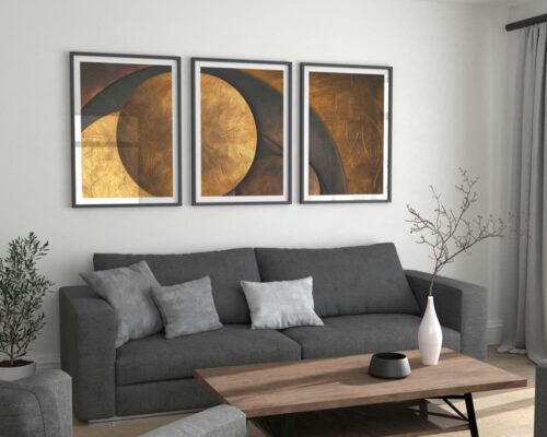 ⁦סט 3 תמונות לסלון עיגולים זהובים בסגנון אבסטרקט⁩ – תמונה ⁦2⁩