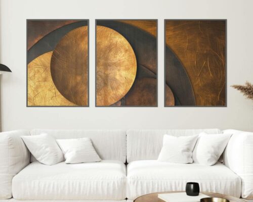 ⁦סט 3 תמונות לסלון עיגולים זהובים בסגנון אבסטרקט⁩ – תמונה ⁦3⁩