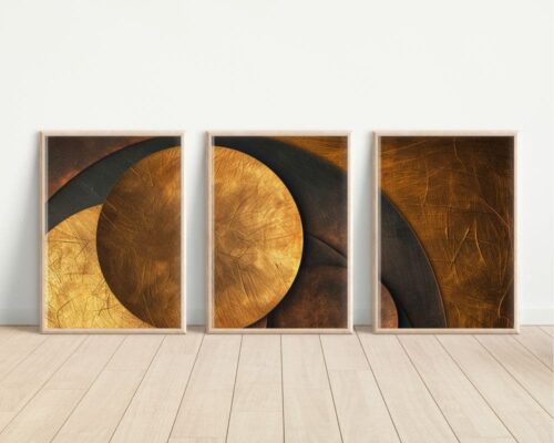 ⁦סט 3 תמונות לסלון עיגולים זהובים בסגנון אבסטרקט⁩ – תמונה ⁦4⁩