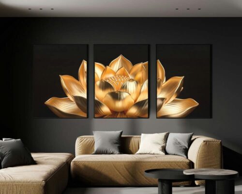 סט 3 תמונות פרח לוטוס מוזהב בסגנון מינימליסטי