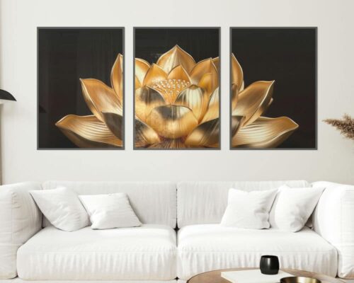 ⁦סט 3 תמונות לסלון פרח לוטוס זהב בסגנון מינימליסטי⁩ – תמונה ⁦2⁩