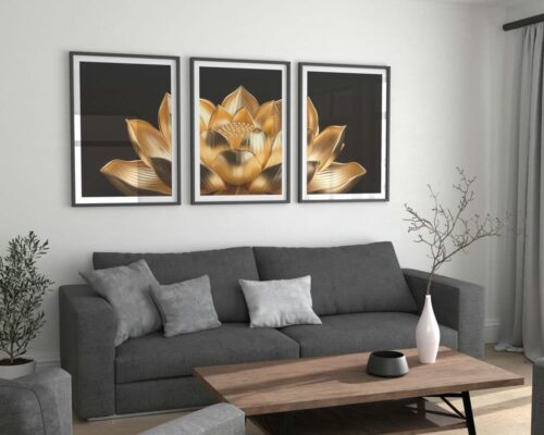 ⁦סט 3 תמונות לסלון פרח לוטוס זהב בסגנון מינימליסטי⁩ – תמונה ⁦3⁩