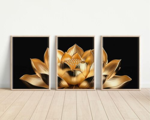 ⁦סט 3 תמונות לסלון פרח לוטוס זהב בסגנון מינימליסטי⁩ – תמונה ⁦4⁩