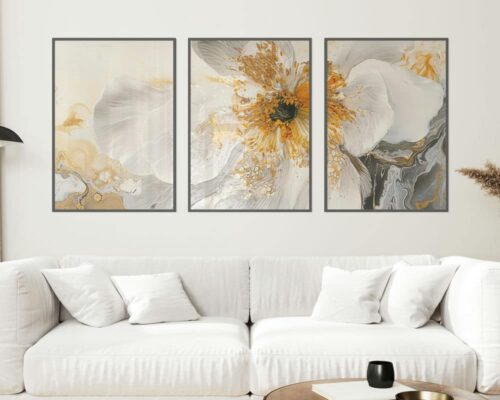 ⁦סט 3 תמונות לסלון פרח זהב ולבן בסגנון מינימליסטי⁩ – תמונה ⁦2⁩
