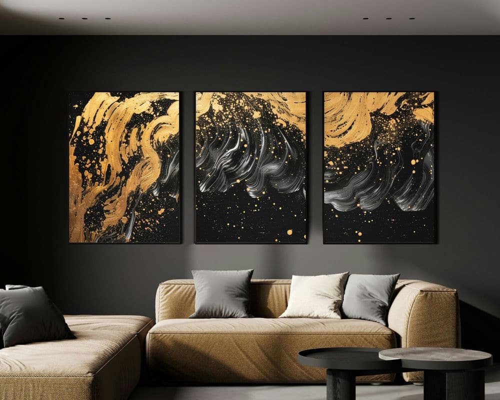 סט 3 תמונות לסלון צבע זהב שחור ולבן בסגנון אבסטרקט