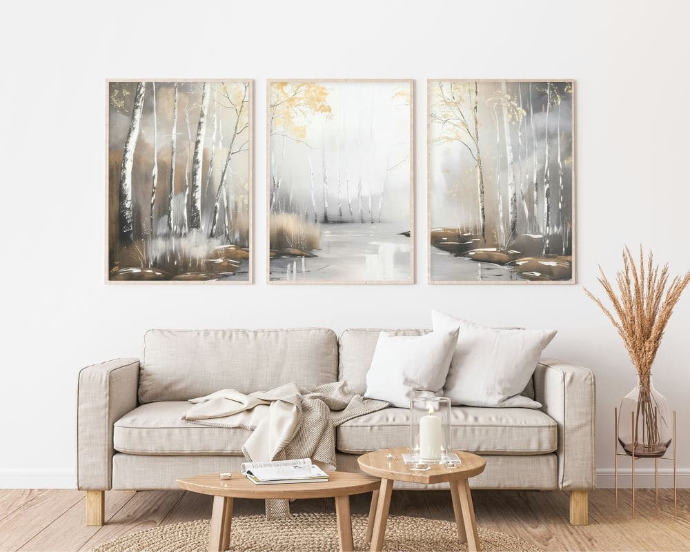 סט 3 תמונות לסלון בסגנון וינטג' יער שקט בחורף
