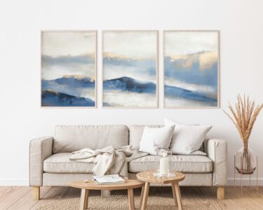 סט 3 תמונות לסלון בסגנון אבסטרקט הרים כחול זהב