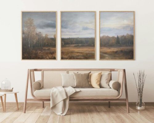 סט 3 תמונות לסלון בסגנון וינטג' נוף יער בסתיו