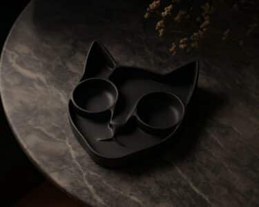 המגש חתול הוא מגש שחור בצורת פני חתול, עם שני עיגולים המייצגים את העיניים, המוצג על משטח שיש כהה עם פרחים מיובשים ברקע.