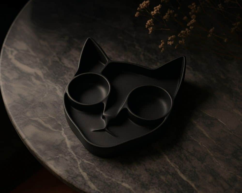 המגש חתול הוא מגש שחור בצורת פני חתול, עם שני עיגולים המייצגים את העיניים, המוצג על משטח שיש כהה עם פרחים מיובשים ברקע.