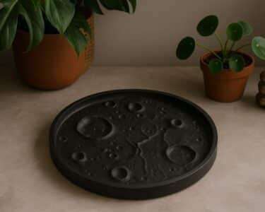 המגש ירח לתכשיטים, מגש שחור עגול עם מרקם של מכתשי ירח, מונח על משטח בז' בין עציצים ירוקים בעציצי טרקוטה.