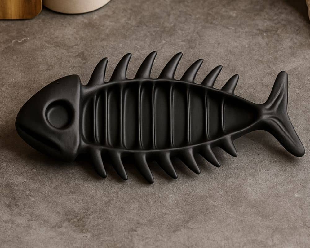מגש עצמות דג בצבע שחור מט, בעיצוב צורת דג עם ראש וזנב מובלטים וחריצים בולטים, מונח על משטח אפור.