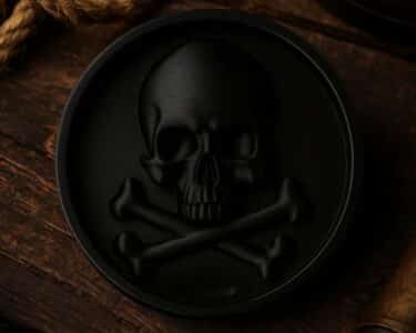 המגש גולגולת ועצמות הוא מגש עגול ושחור עם עיצוב של גולגולת וצלבים בולטים, המוצג על משטח עץ כפרי עם חבל עבה מבצבץ מהפינה.